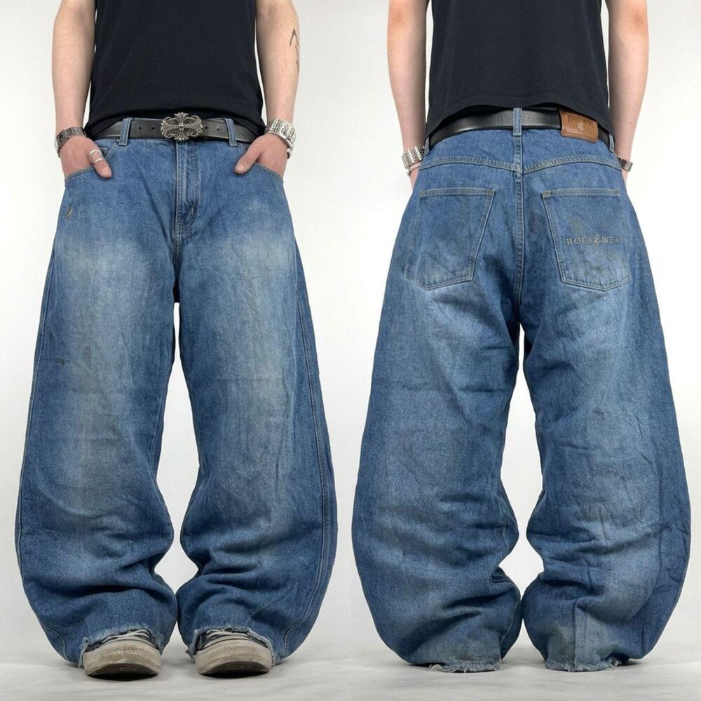 Vintage y2k rocawear faded distressed baggy wide leg embroidered jeans